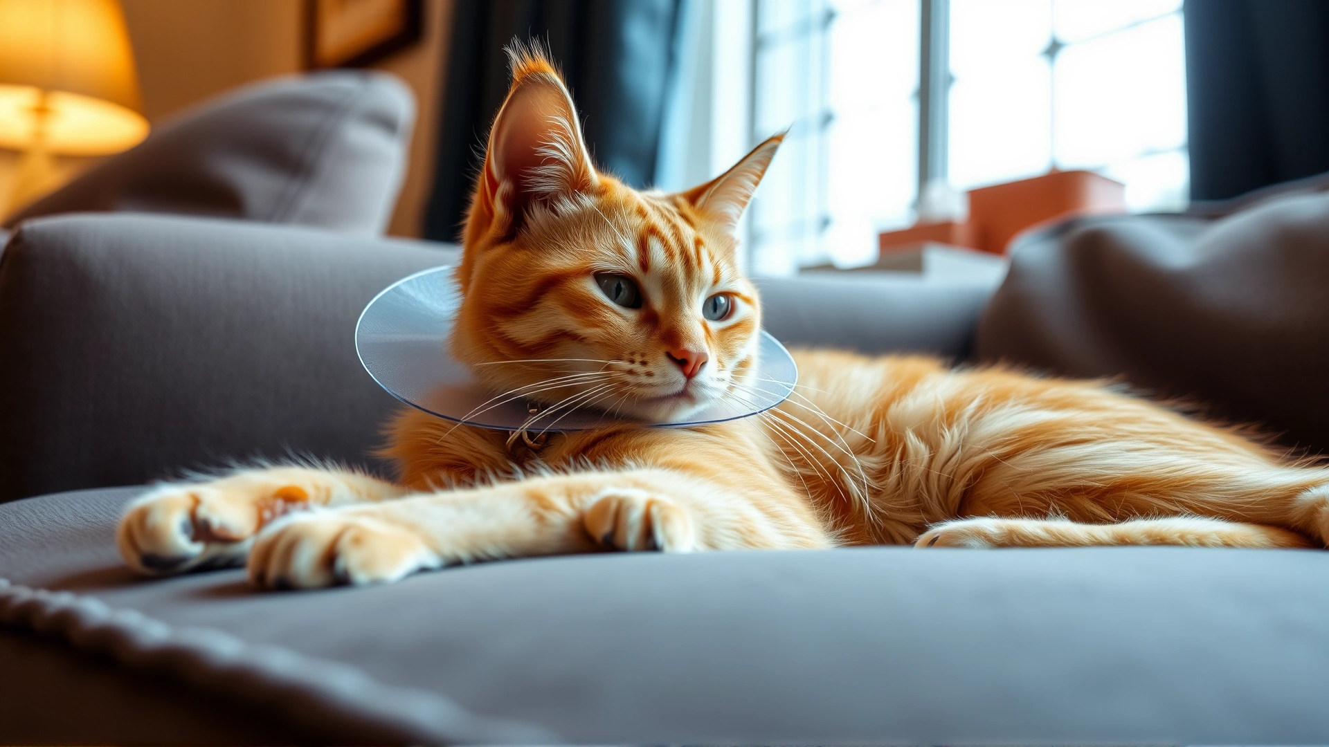 Orange domestic cat resting on a couch while wearing a clear Elizabethan collar, cozy home setting