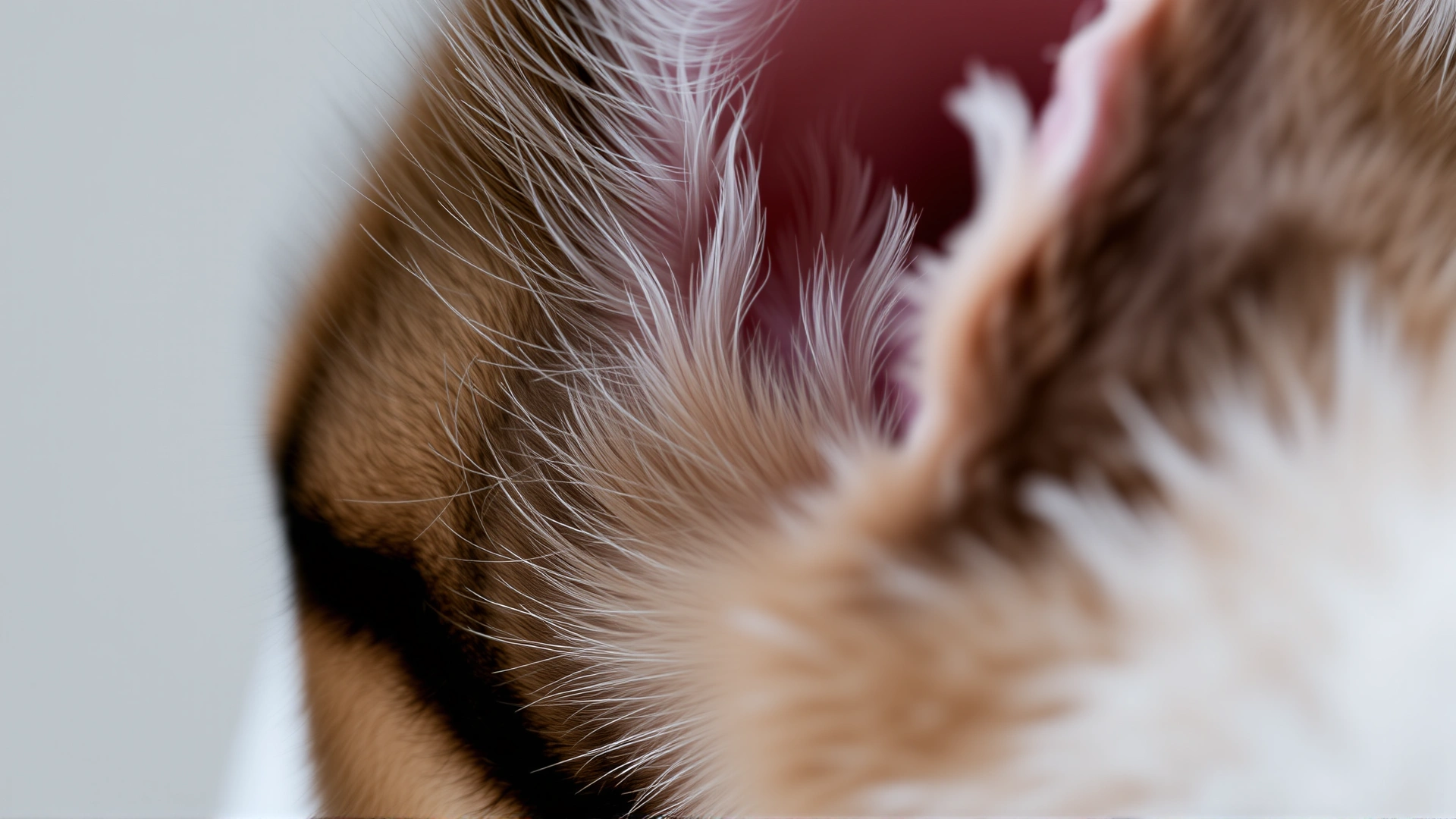 Macro shot of a cat's ear showing fine fur details and the inner ear structure, neutral background, high resolution close-up.