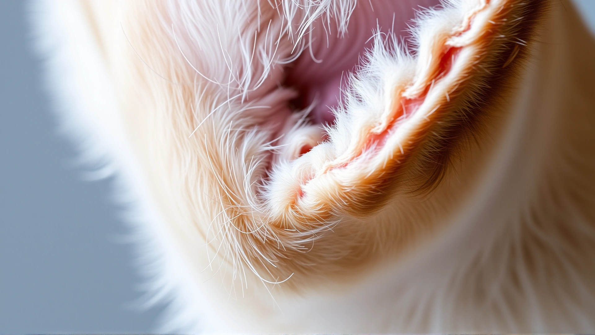 Macro shot of a cat’s ear showing healthy inner ear structure, neutral background, high detail, no text