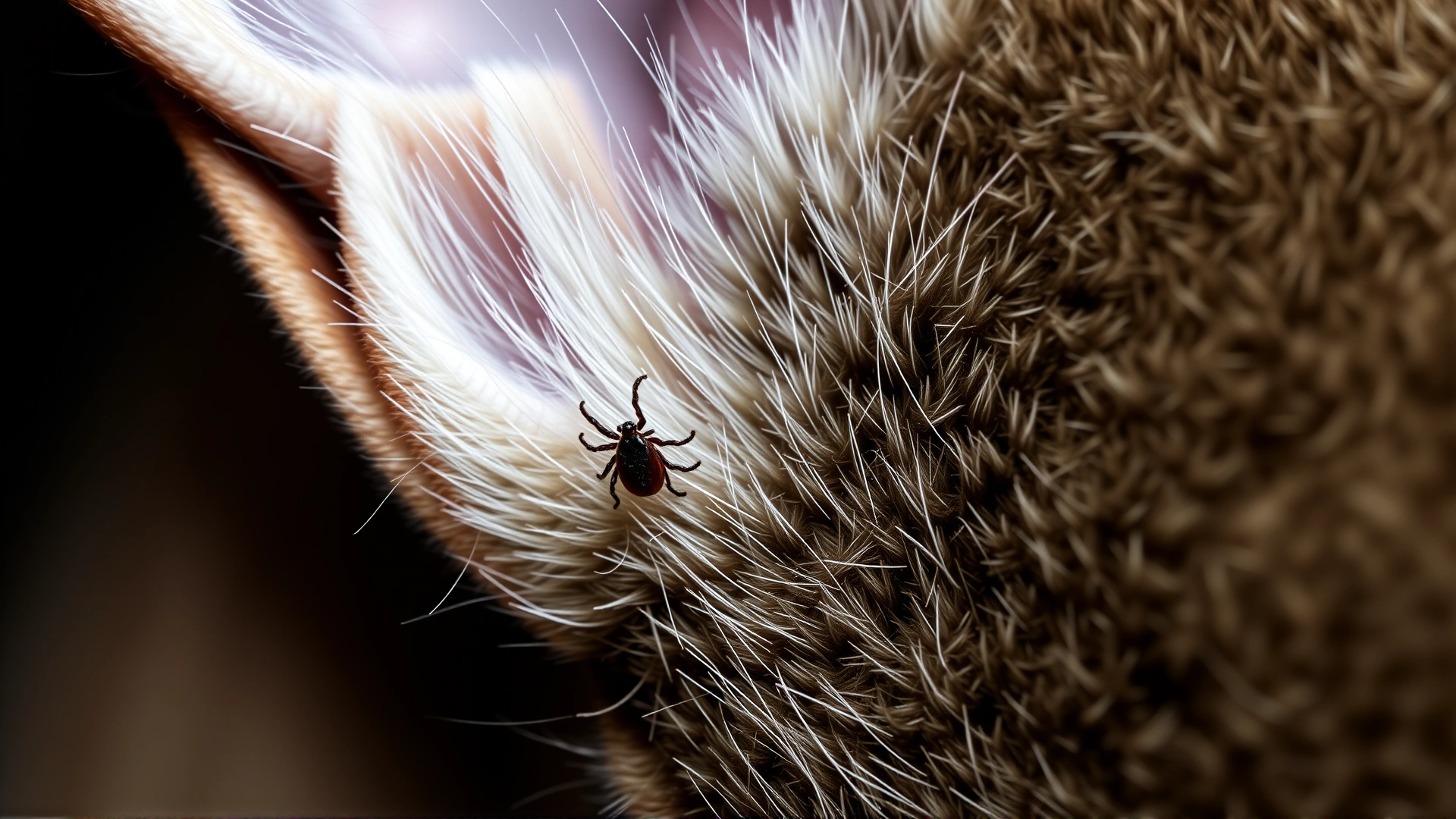 Extreme close-up of a cat's ear showing a small brown tick attached near the base, high detail macro.
