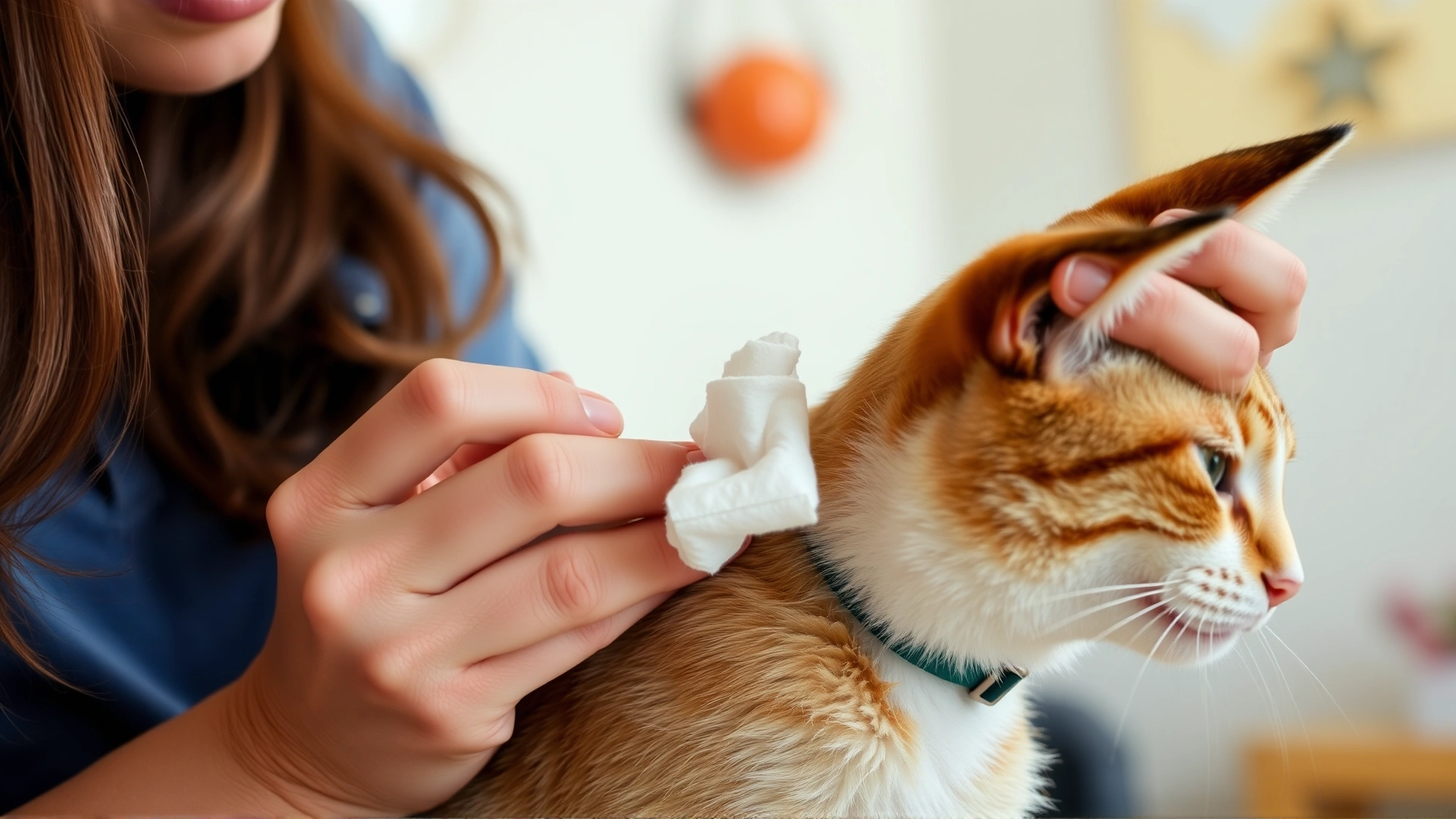 Pet owner gently cleaning a cat's ear with a vet-approved cotton pad, indoor setting, natural lighting.