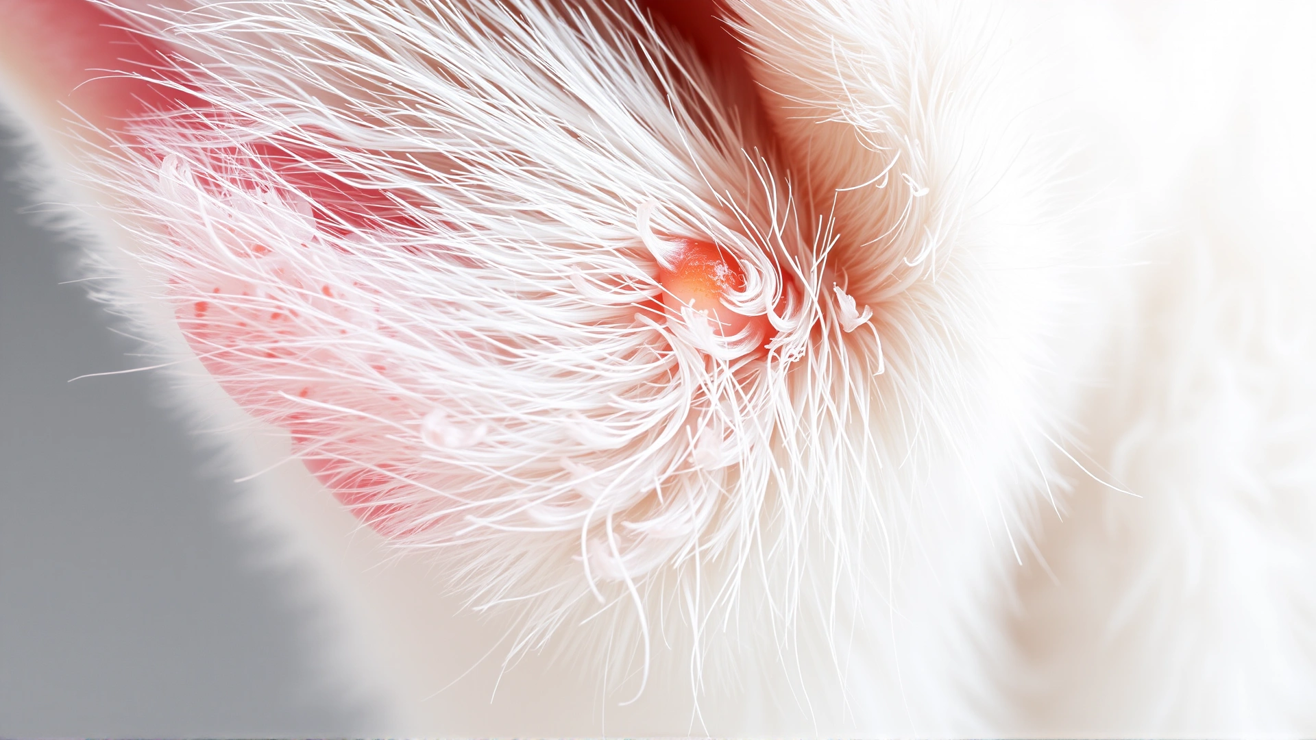 Macro shot of a white cat’s ear tip showing redness and flaky skin indicative of sunburn.
