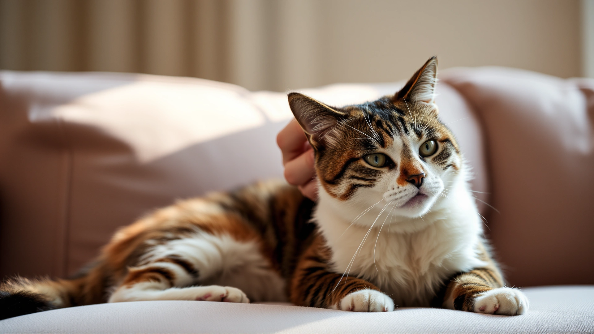 Owner gently inspecting the ear of a cat on a sofa in soft daylight, showing concern, no text.