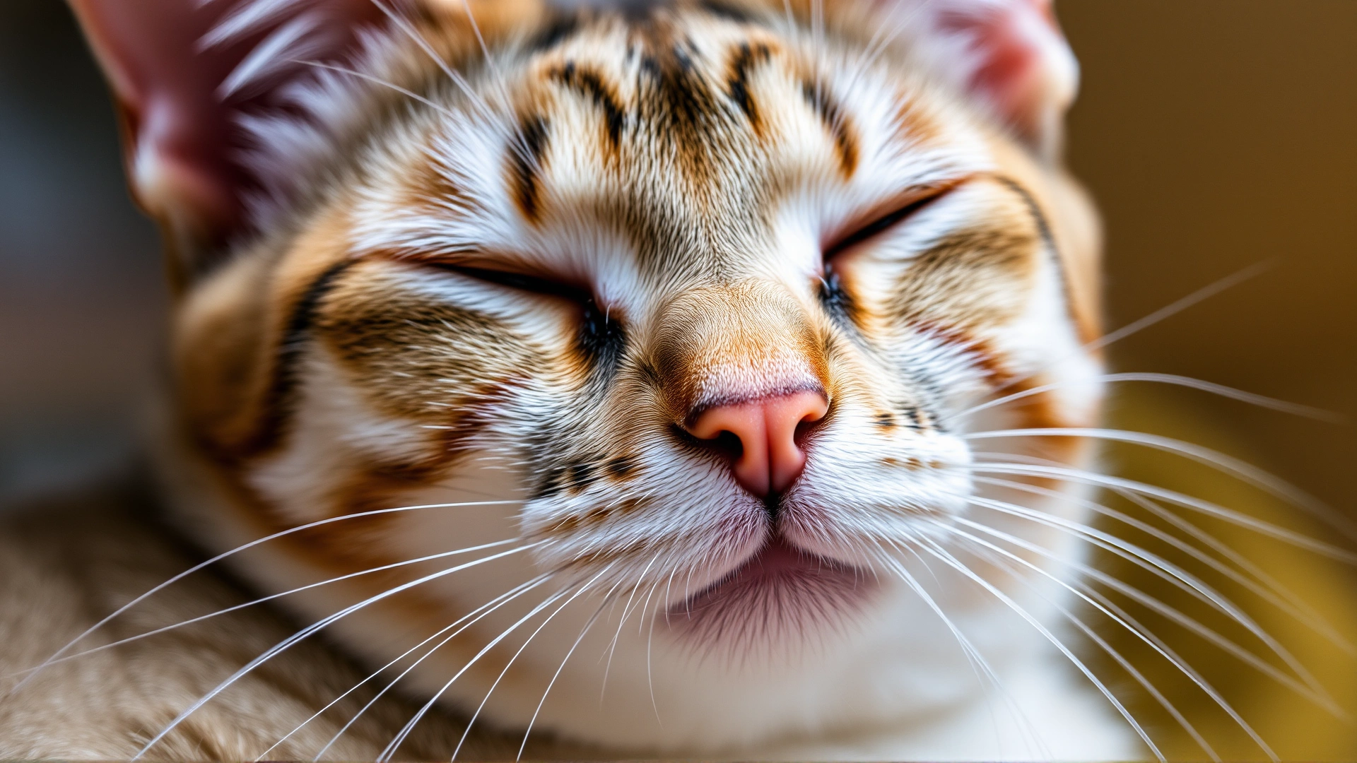 Close-up of a relaxed cat with ears slightly forward, showing a calm expression