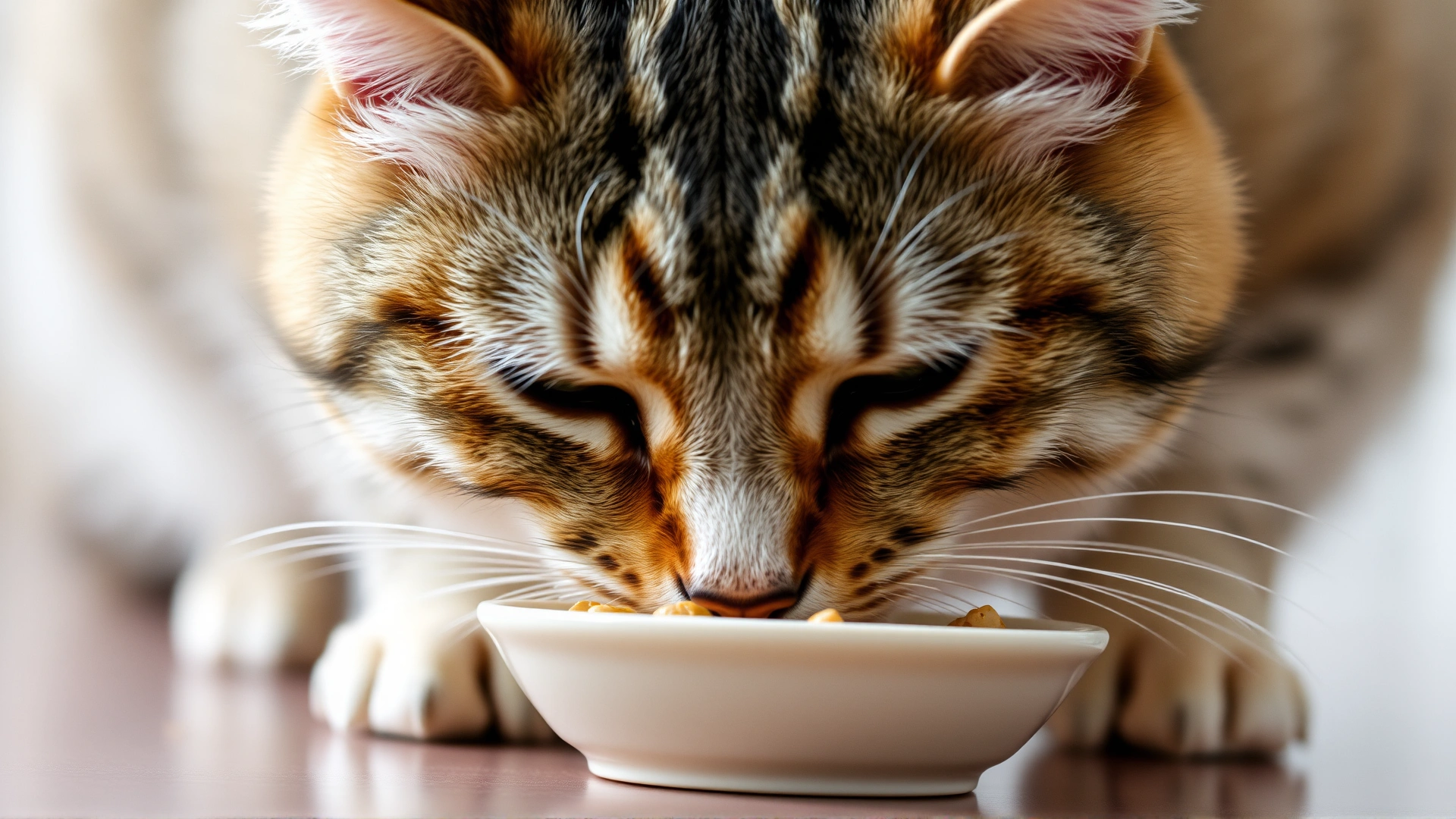 Close-up of an older tabby cat cautiously eating wet food from a ceramic bowl, focus on the cat’s posture showing slight stiffness