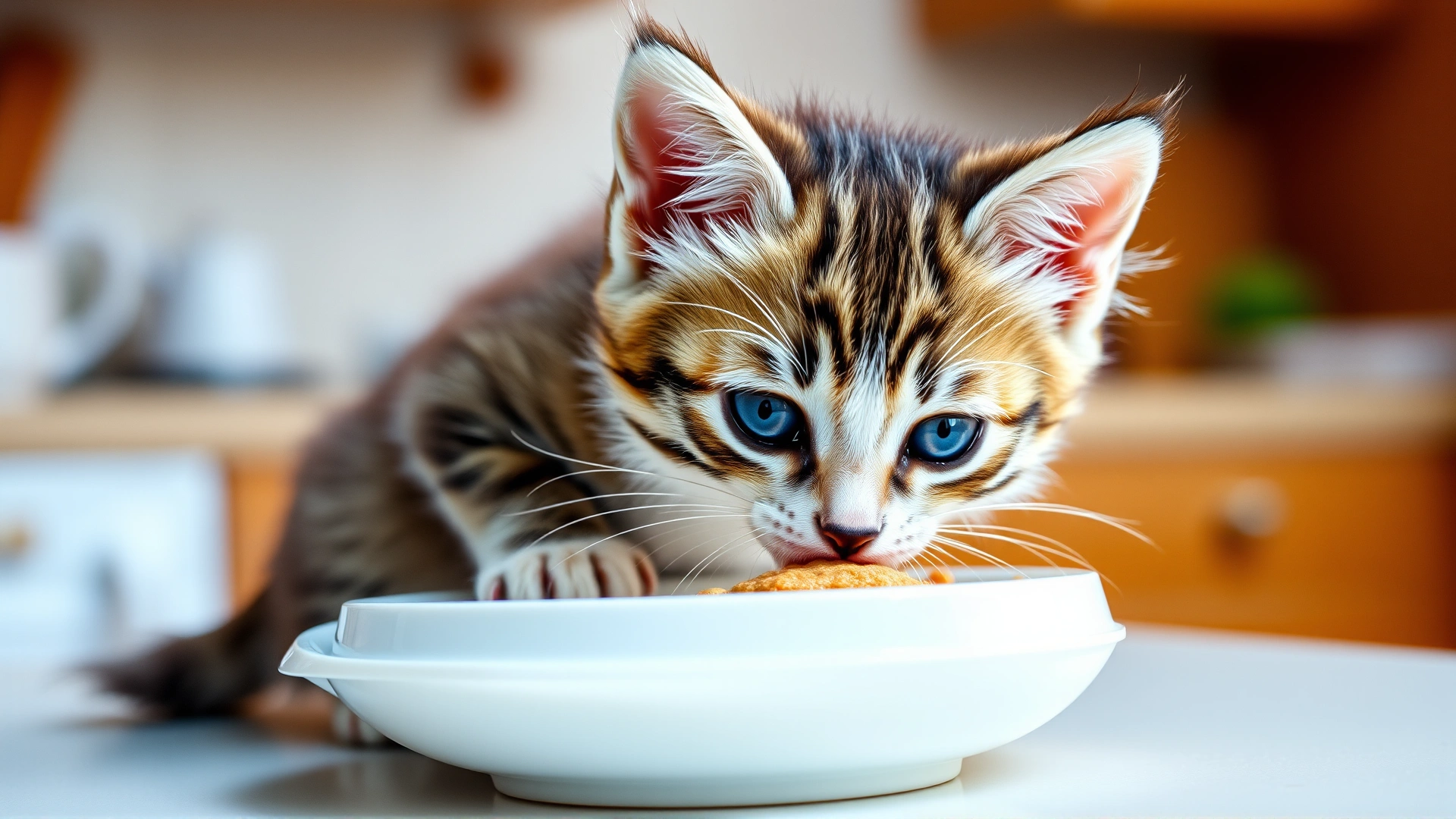 Cute domestic kitten eating soft wet food from a raised bowl on a kitchen counter, warm lighting, shallow depth of field.