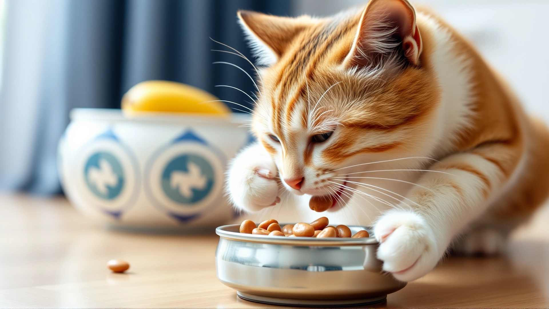 Indoor cat eating from a bowl of high-quality canned food rich in potassium.