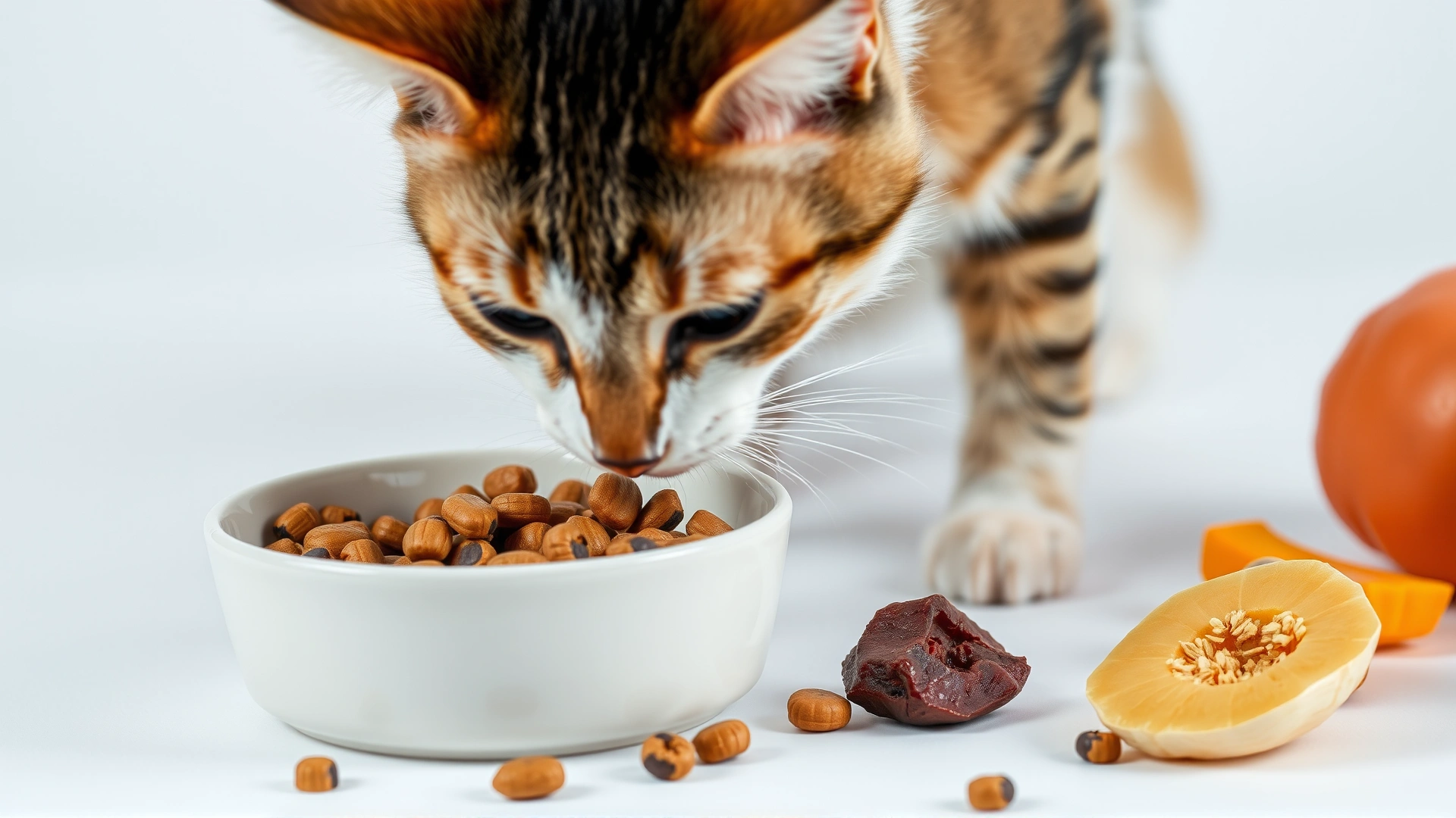 Domestic cat eating from a ceramic bowl filled with kibble; ingredients like beet pulp and pumpkin are visible beside the bowl, clean white background.