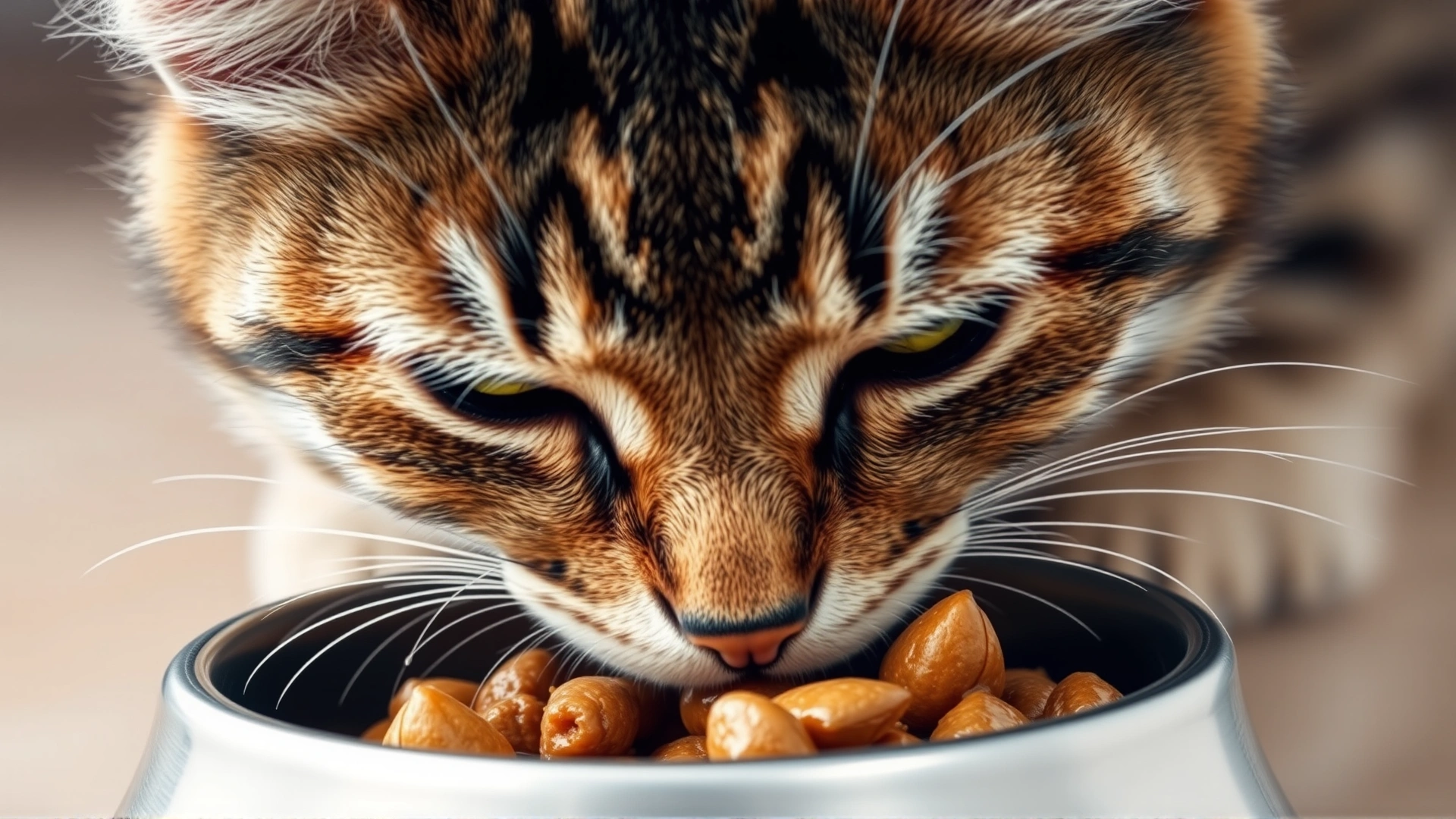 Close-up of a tabby cat eating wet food from a stainless steel bowl