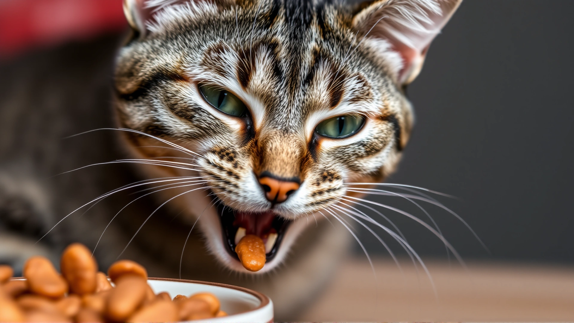 Close-up of a grey tabby cat taking the first bite from a bowl of food labeled as single-protein, showing focus and contentment.