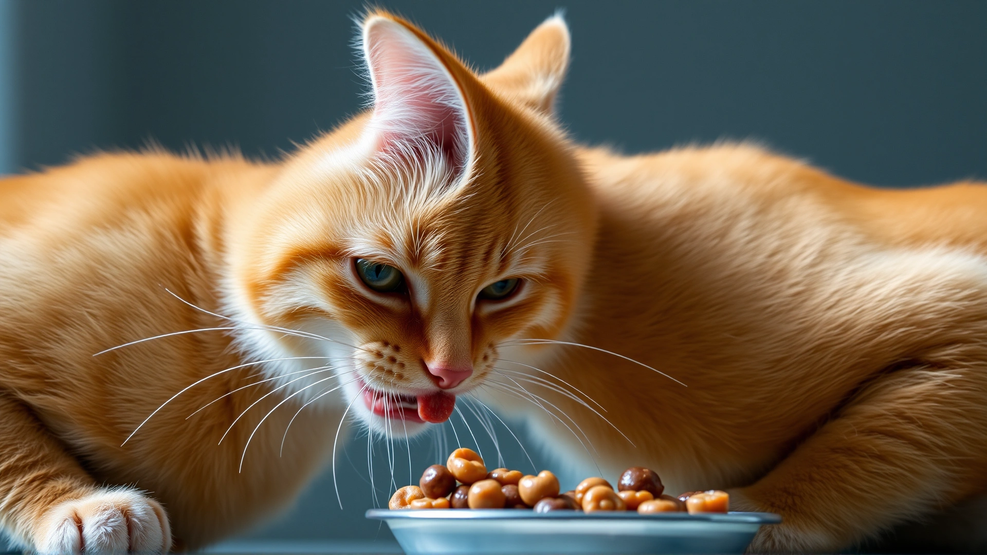 Side profile of a shorthaired orange cat enthusiastically chewing on wet cat food, showing whiskers and focused eyes.