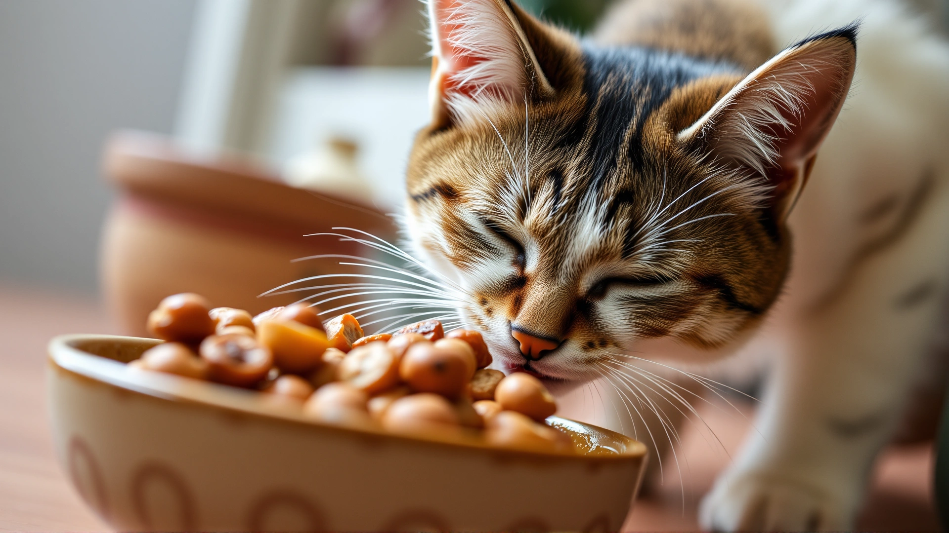 Close-up shot of a cat eagerly eating from a ceramic bowl filled with homemade food, shallow depth of field, indoor lighting
