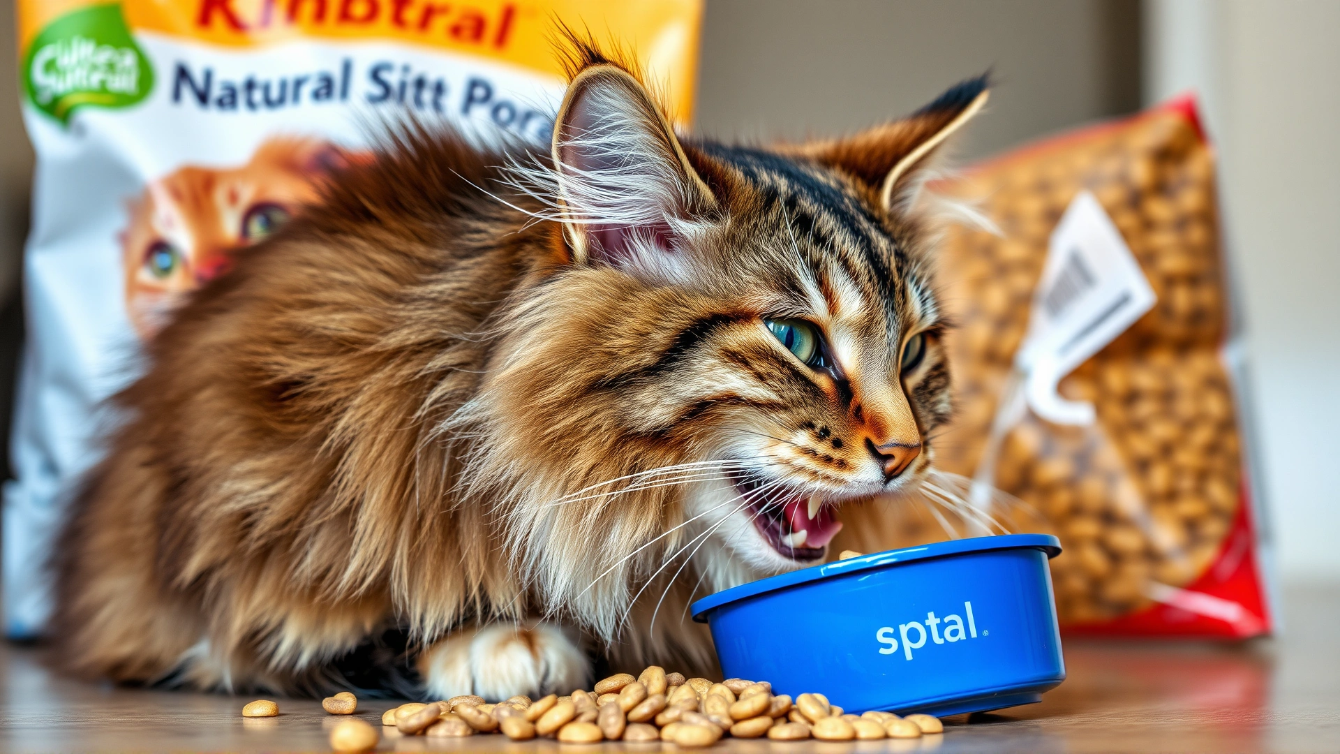 Side view of a fluffy tabby cat happily chewing dry food labeled as natural, with an open bag of kibble visible in the background.