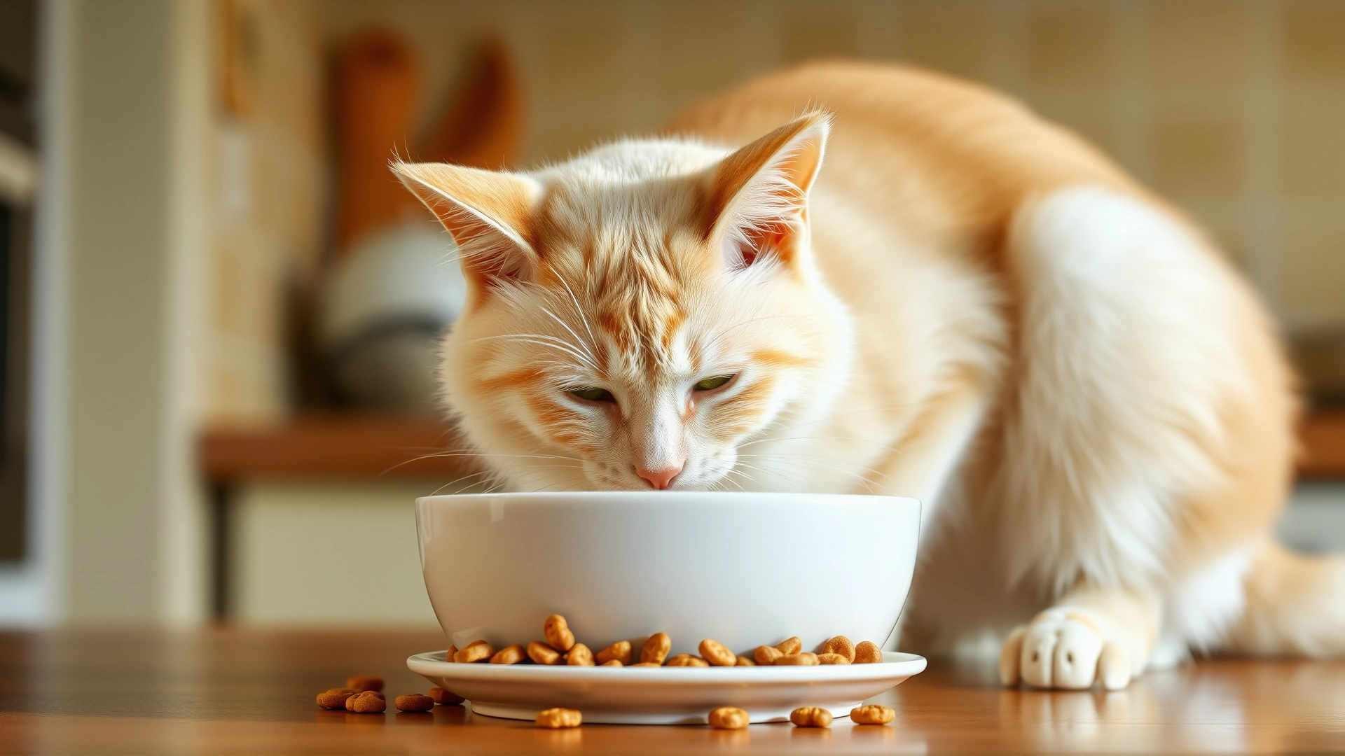 Burmilla cat eating high-quality dry kibble from a ceramic bowl, kitchen backdrop, morning light