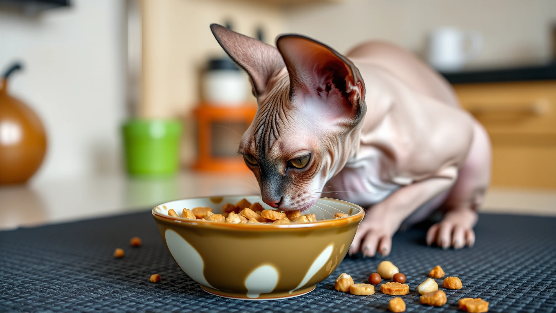 Hairless cat eating high-protein wet food from a ceramic bowl on a kitchen mat, illustrating increased calorie intake during winter