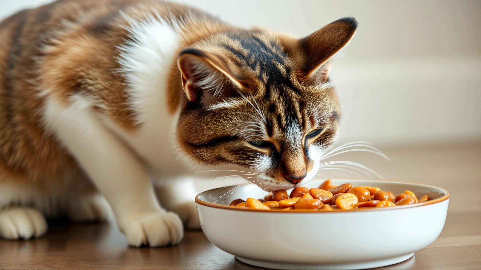 Indoor cat eating specialized wet food from a ceramic bowl, illustrating diet management
