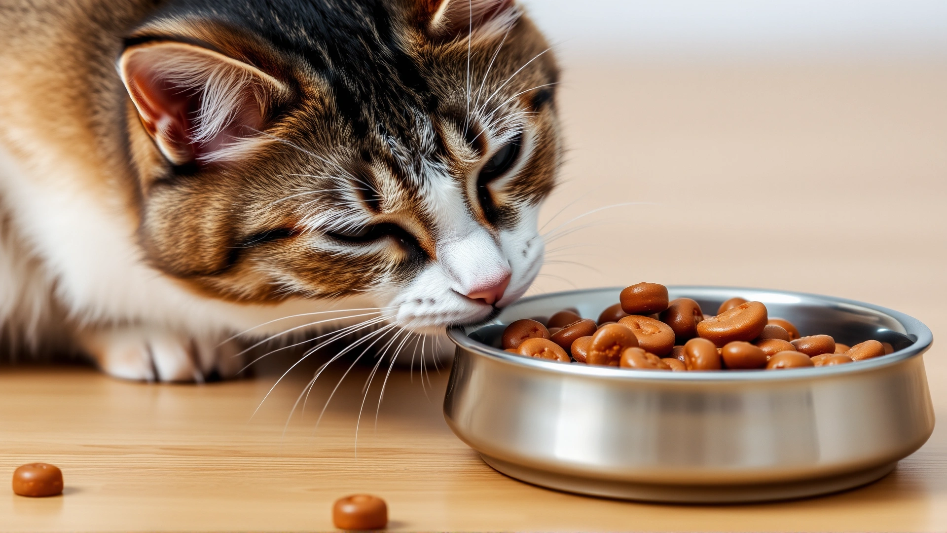 Cat eating from a stainless steel bowl filled with high quality wet food.