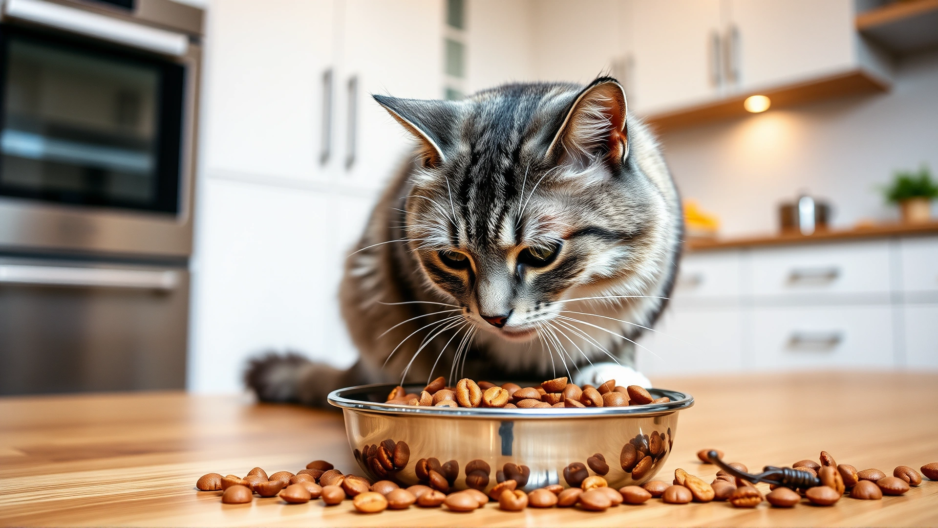 Content cat eating from a stainless-steel bowl filled with balanced dry kibble in a clean modern kitchen. No text.