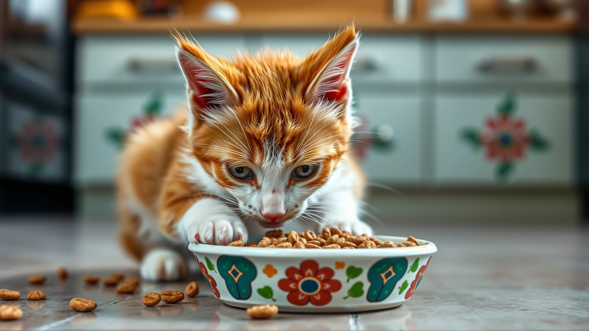 Playful ginger and white kitten eating dry kibble from a colorful ceramic bowl on a kitchen floor, shallow depth of field.