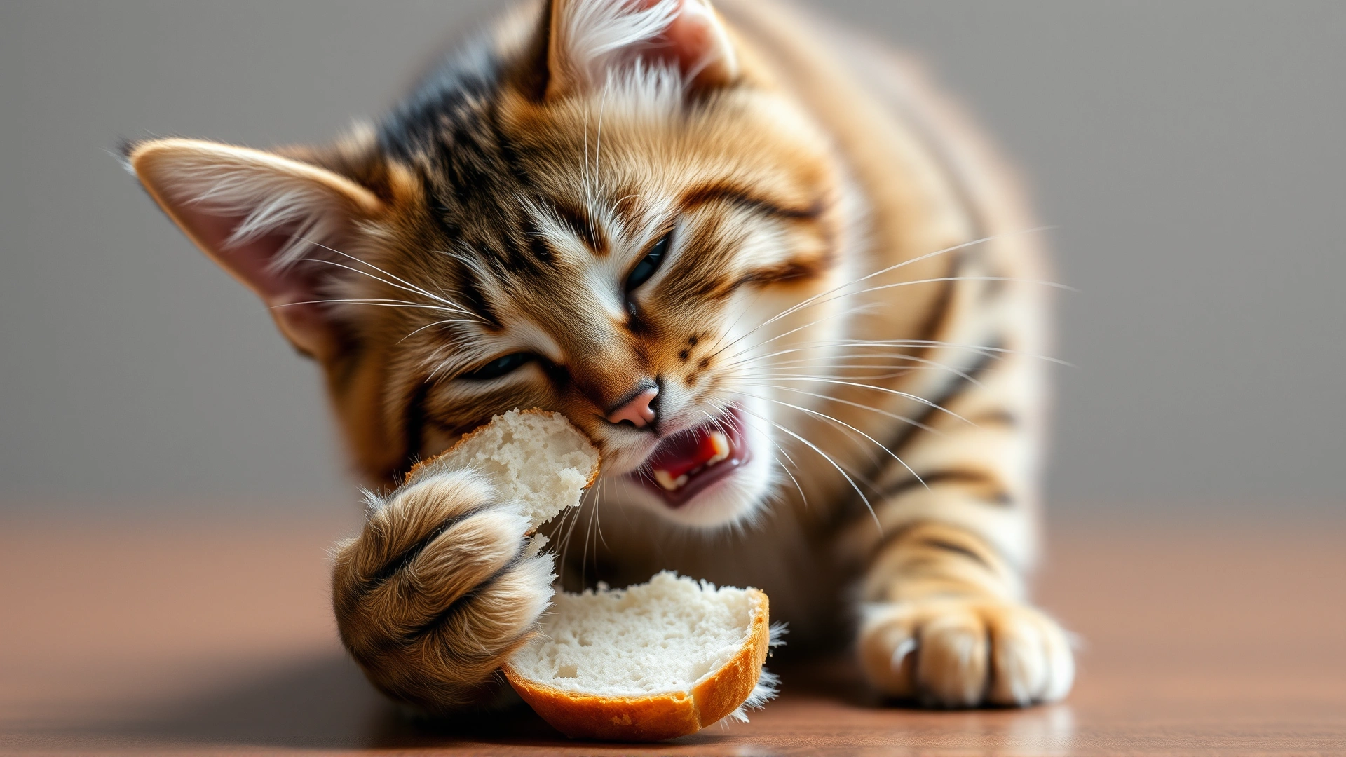 A playful tabby cat taking a tiny bite of a crustless piece of plain bread, shot from the side on a wooden table, shallow depth of field.