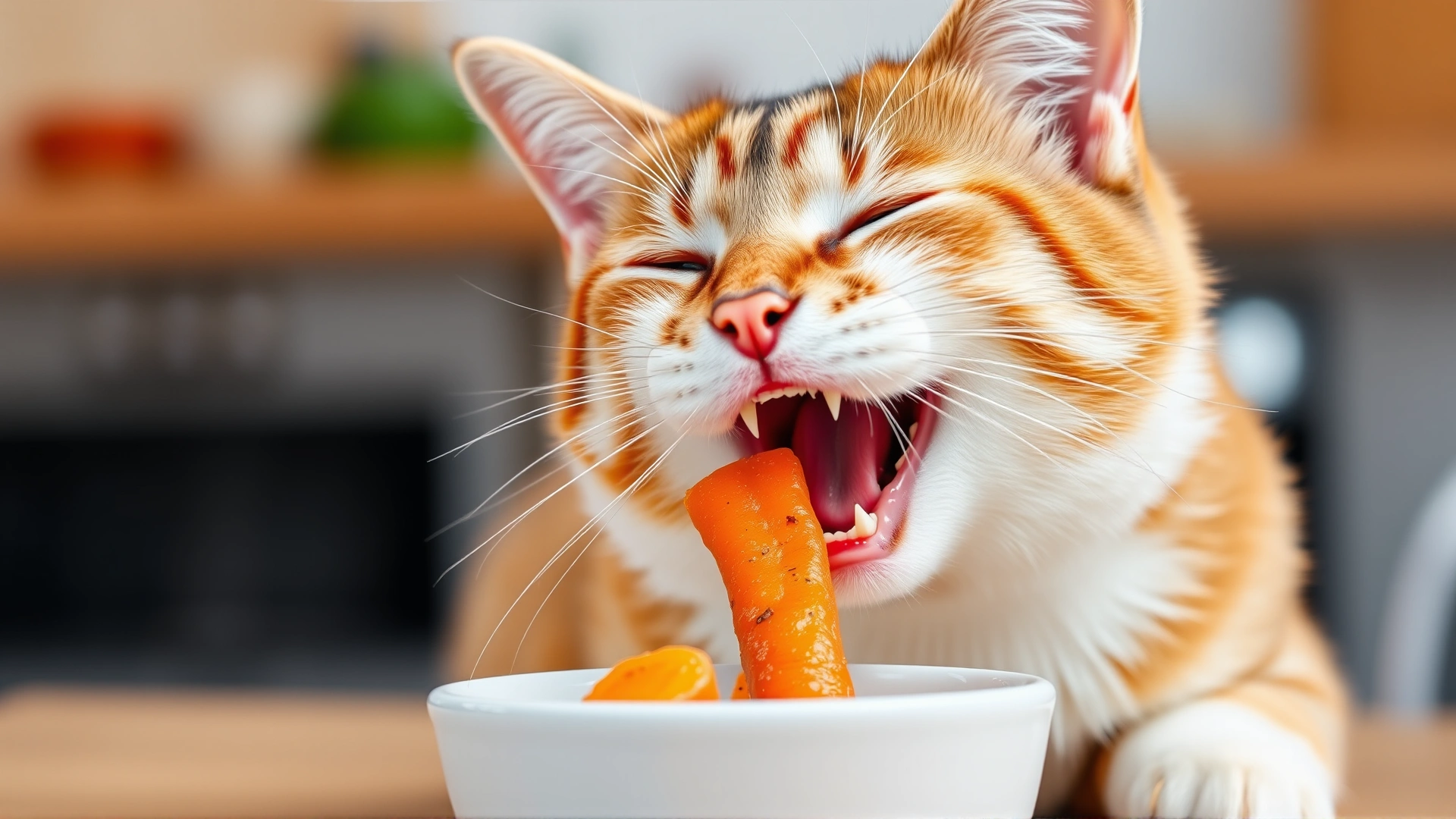 Happy domestic cat nibbling on a small cooked carrot piece served in a white ceramic bowl, kitchen background, candid moment.
