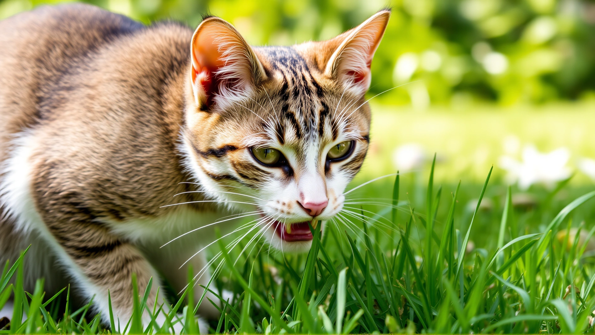 Domestic short-haired cat chewing on garden grass with blurred greenery in the background, natural lighting