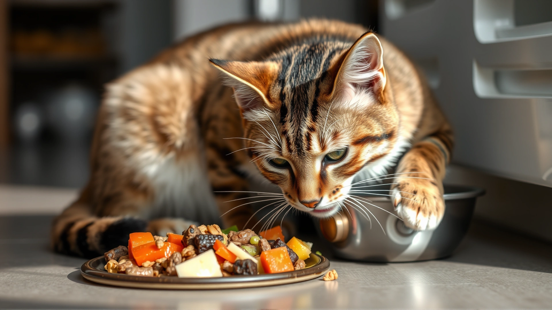 Young adult tabby cat eating from a stainless steel bowl filled with balanced wet food and visible veggies, kitchen floor setting, bright daylight.