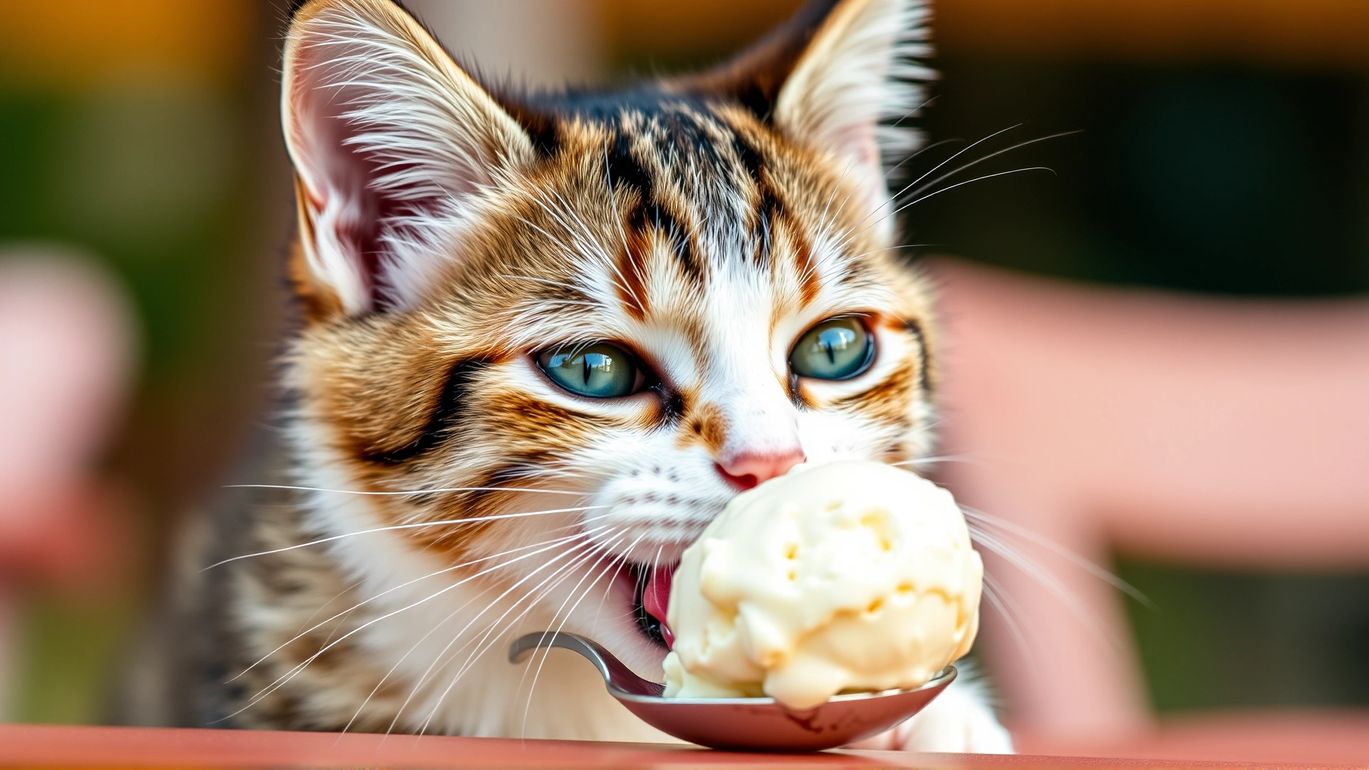 Playful tabby cat licking vanilla ice cream from a small spoon, summer ambiance, warm colors