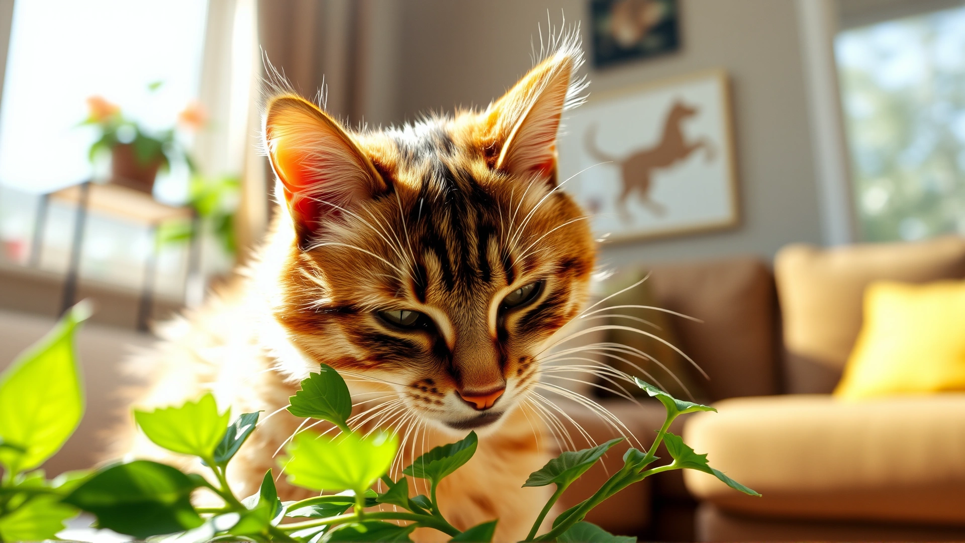 Curious cat sniffing and nibbling on a decorative houseplant in a sunlit living room setting