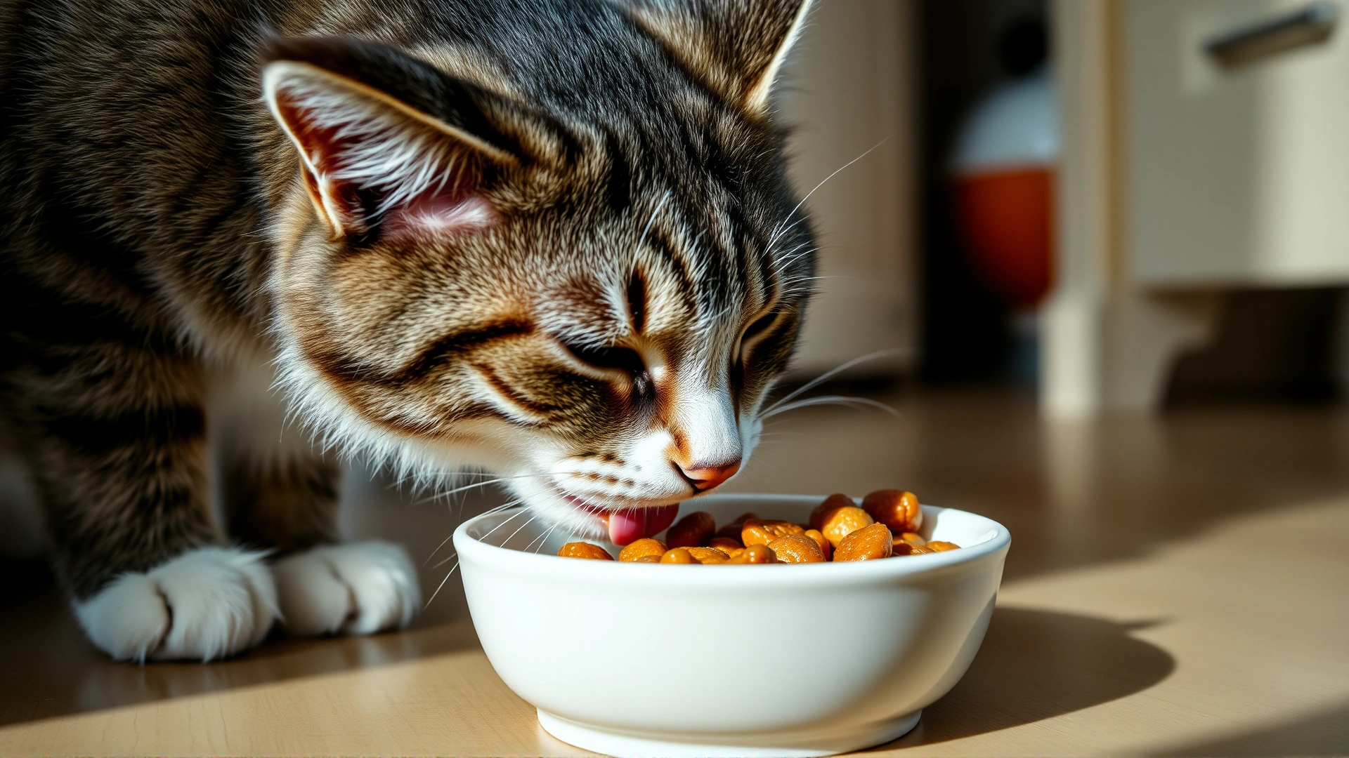 Cat licking wet food mixed with probiotic powder from a ceramic bowl on a kitchen floor, natural morning light, focus on the food and cat’s snout