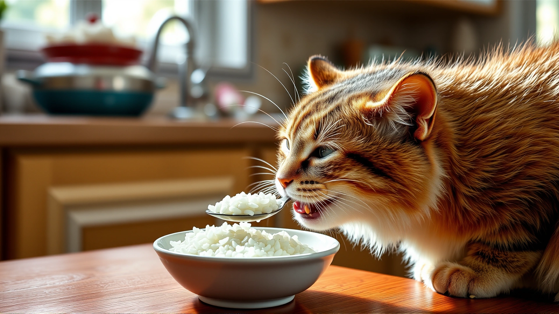 Domestic cat licking a spoonful of plain cooked rice from a small saucer, cozy kitchen setting, natural daylight.