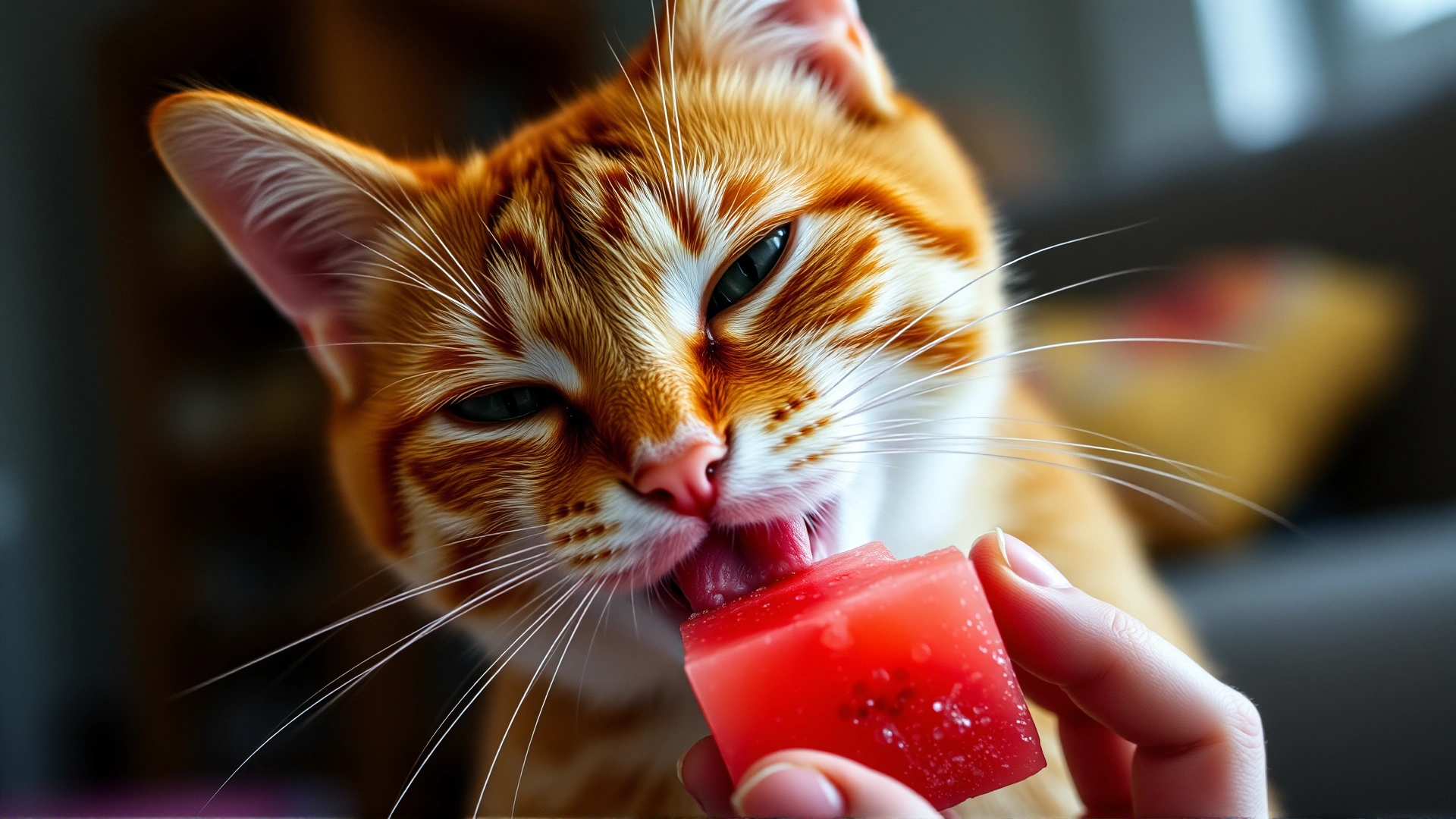 Playful orange tabby cat licking a small cube of watermelon held by its owner, indoors, shallow depth of field