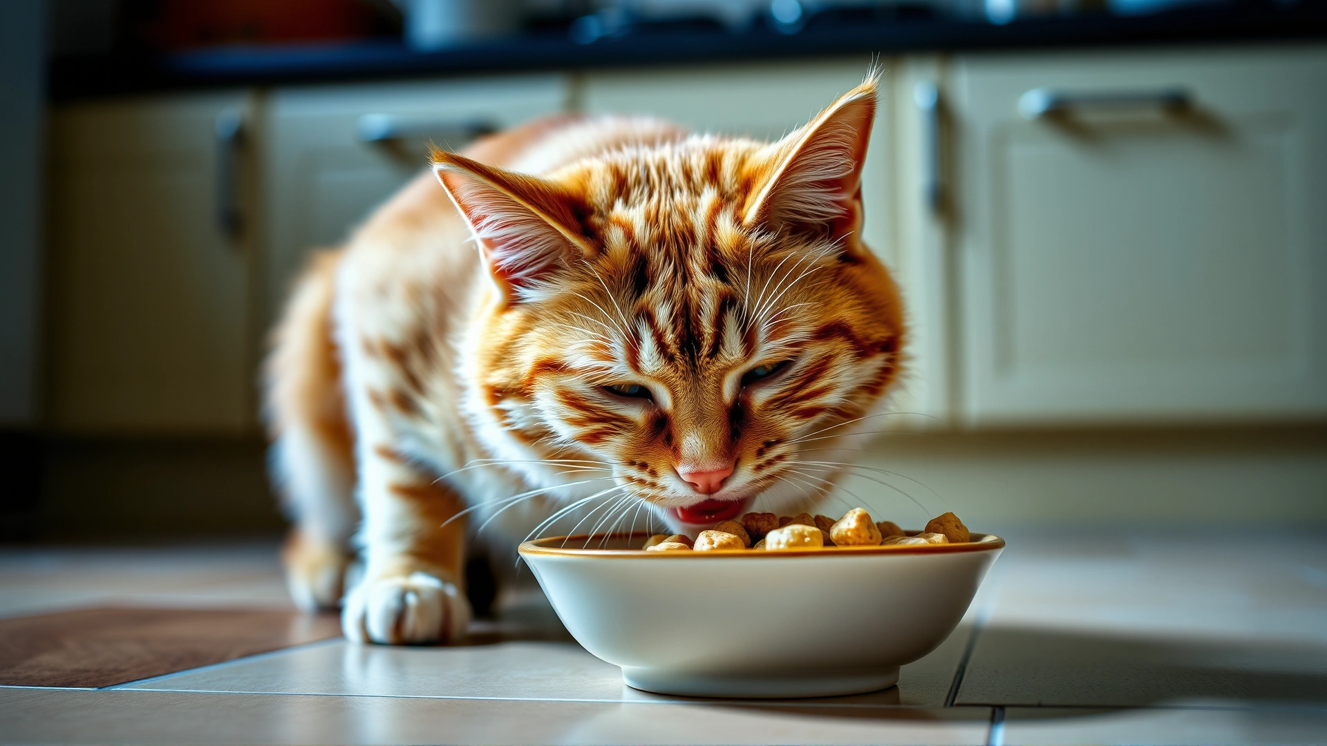 Ginger cat happily eating soft wet food from a ceramic bowl on a kitchen floor.