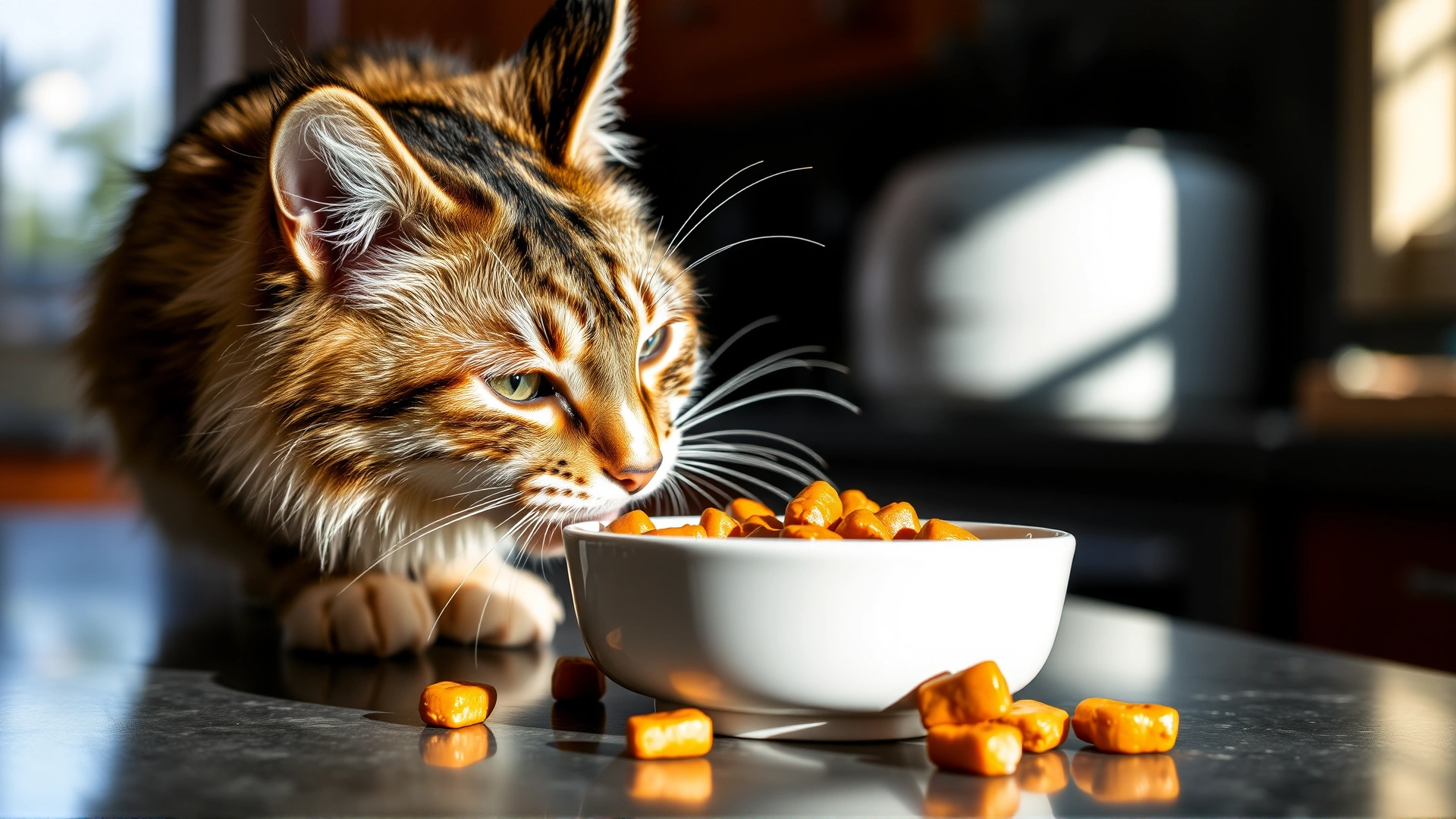 Healthy cat eagerly eating wet food from a shallow ceramic dish on a kitchen counter, natural lighting
