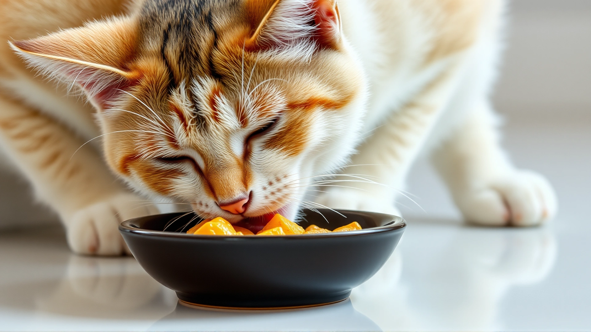 Calm adult cat licking wet food mixed with enzyme powder from shallow dish on clean surface