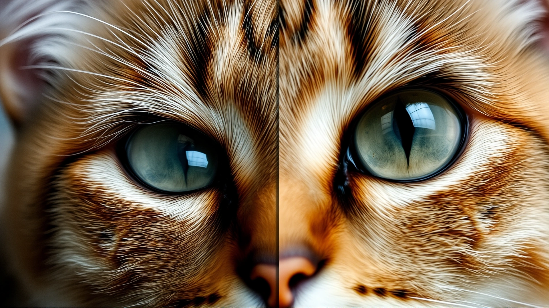 Split-screen image showing a normal cat eye on one side and a cat eye with ectropion on the other, no text