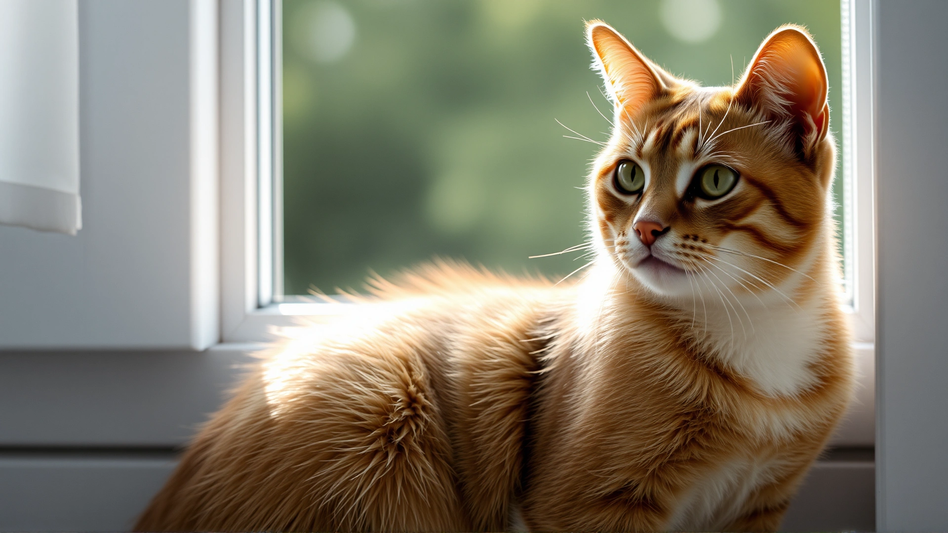Domestic cat sitting by a window with a subtle sad expression, soft natural backlight highlighting its fur