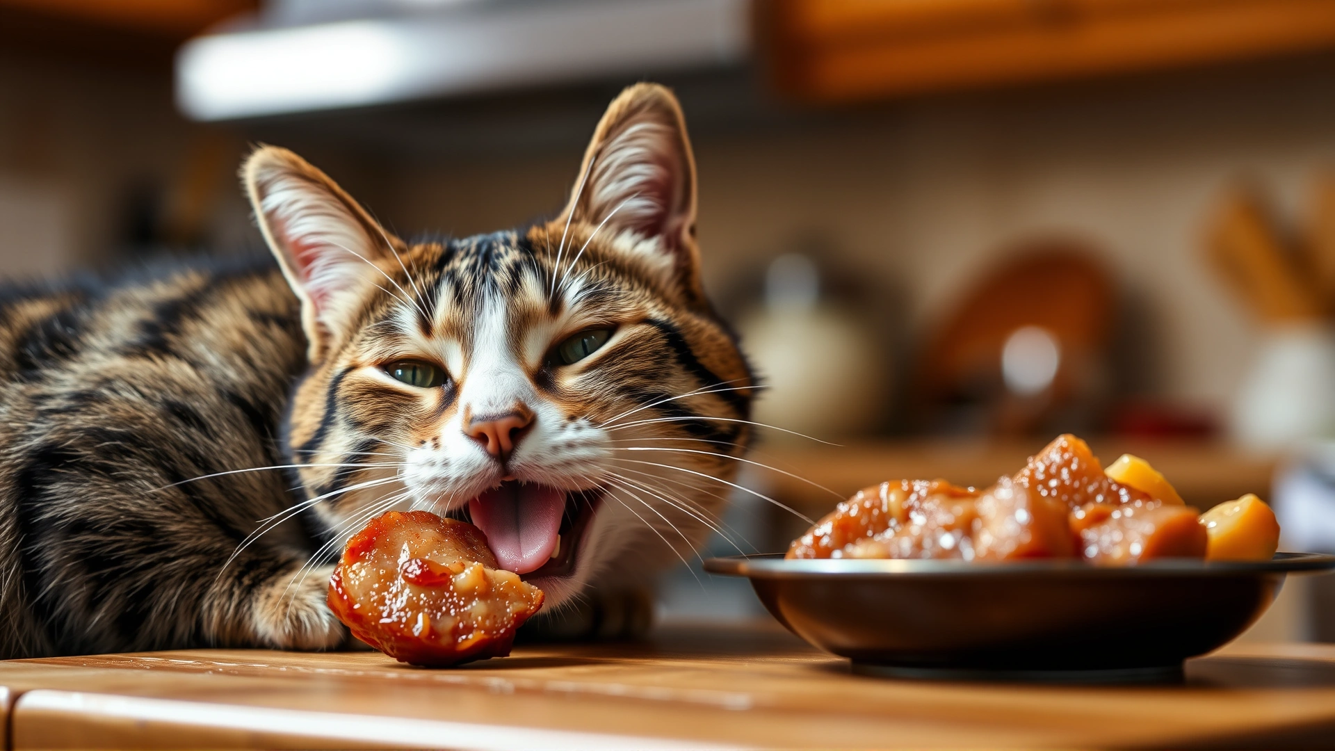 Playful tabby cat licking its lips after tasting a small portion of cooked meat, cozy kitchen background, high resolution.