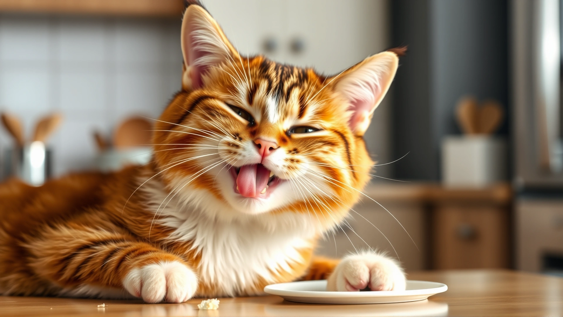 Happy cat licking its lips after eating, clean kitchen background