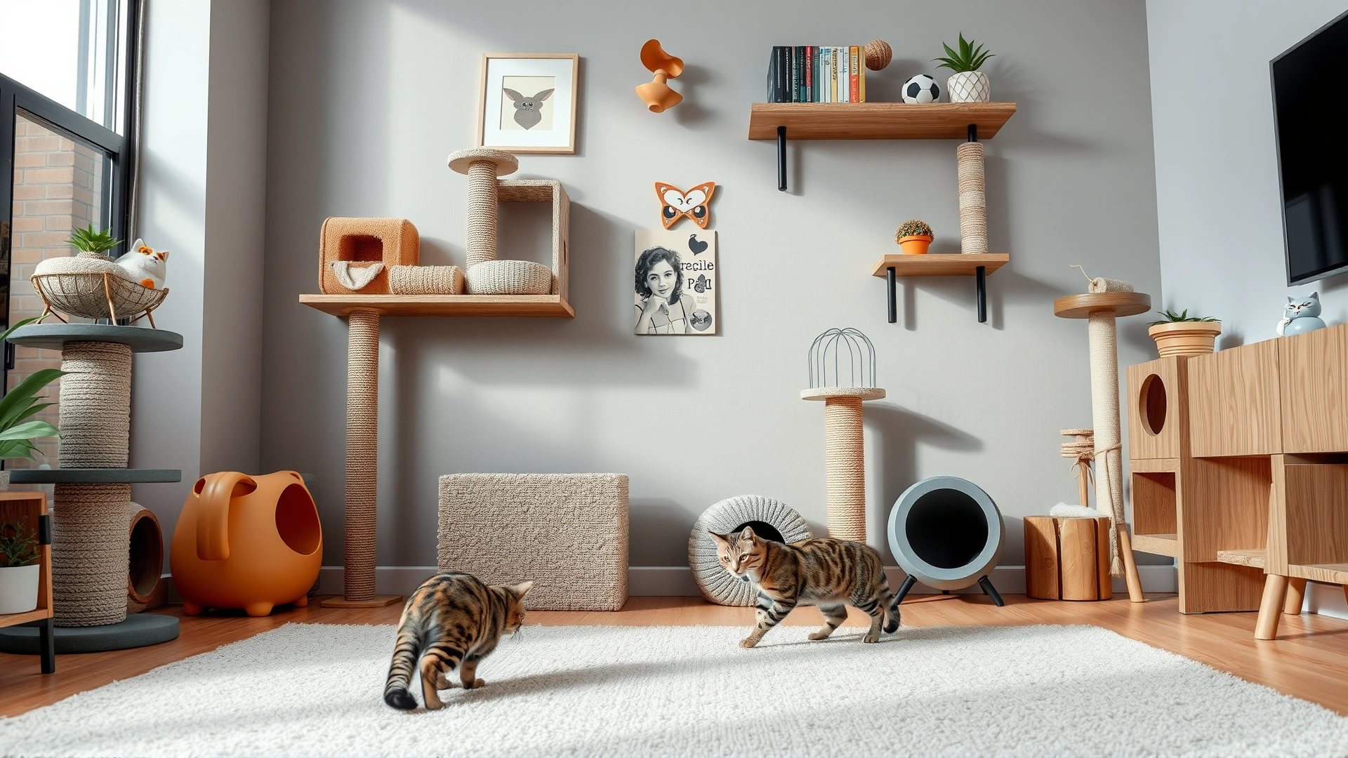 Modern living room corner with multiple cat enrichment items such as scratching posts, climbing shelves, and interactive toys, with a curious cat exploring.