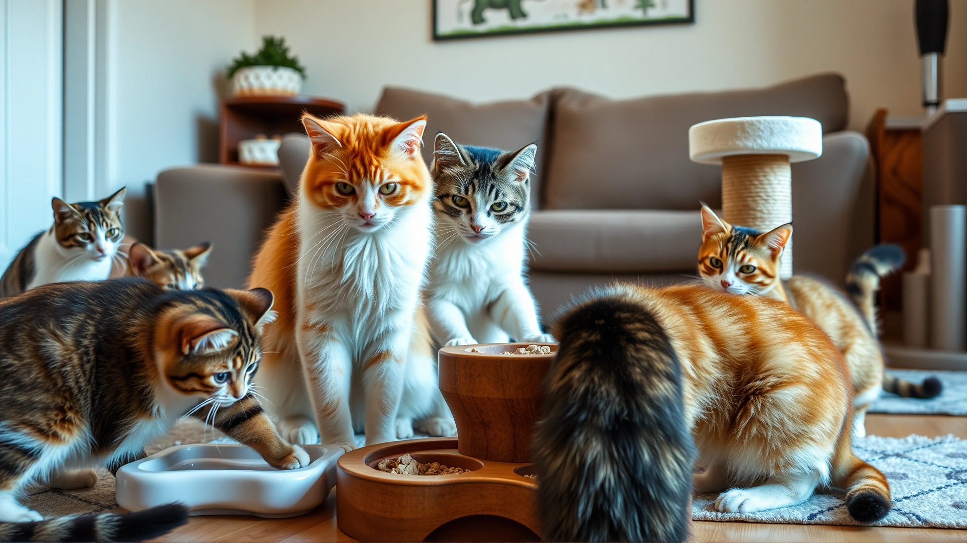 Multiple cats interacting with puzzle feeders and scratching posts in a living room.