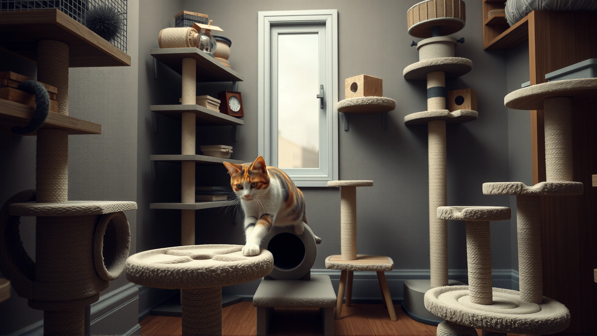 Indoor scene featuring cat trees, shelves, and puzzle feeders with a curious cat exploring them, representing an enriched environment.