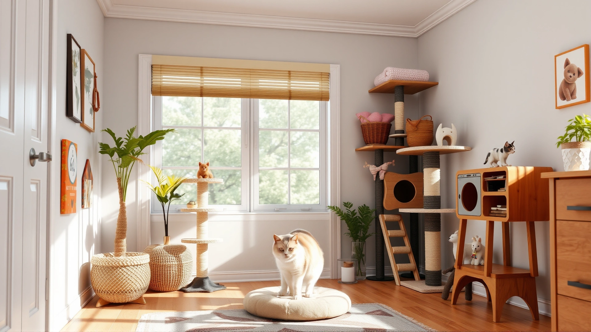 Bright room with cat furniture: multi-level cat tree, scratching posts, toys, and a content cat exploring the space