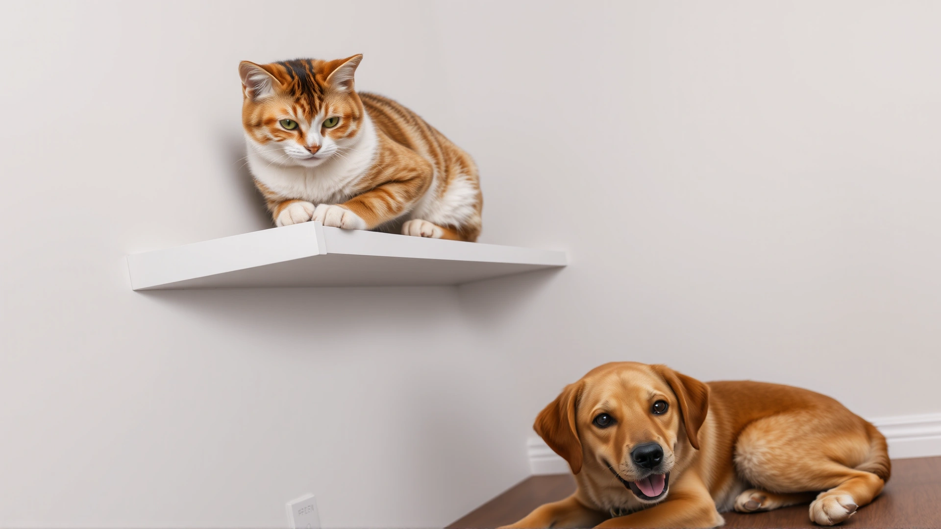 Cat perched confidently on a high shelf looking down while a friendly dog rests on the floor below, demonstrating vertical escape routes.