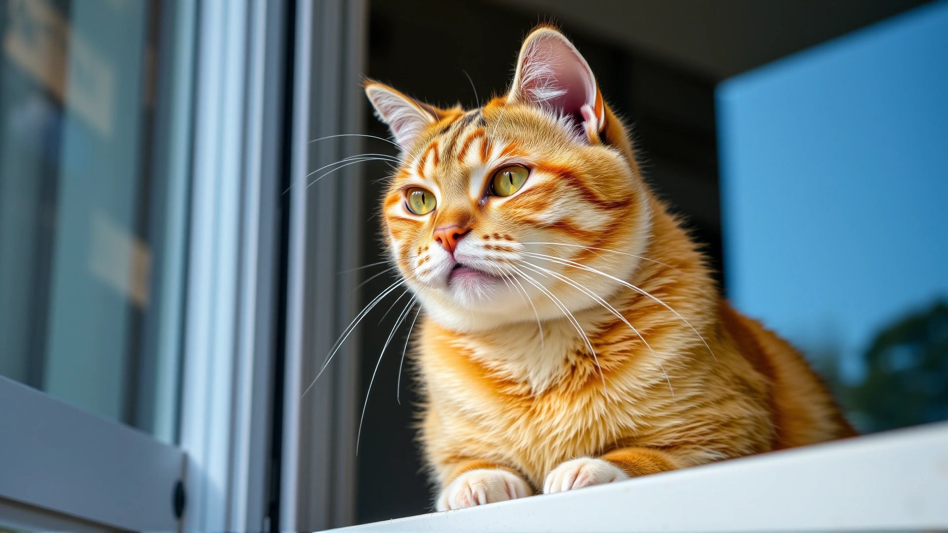 Domestic cat sitting on a windowsill looking uncomfortable, slight head tilt and mouth slightly open, natural daylight.