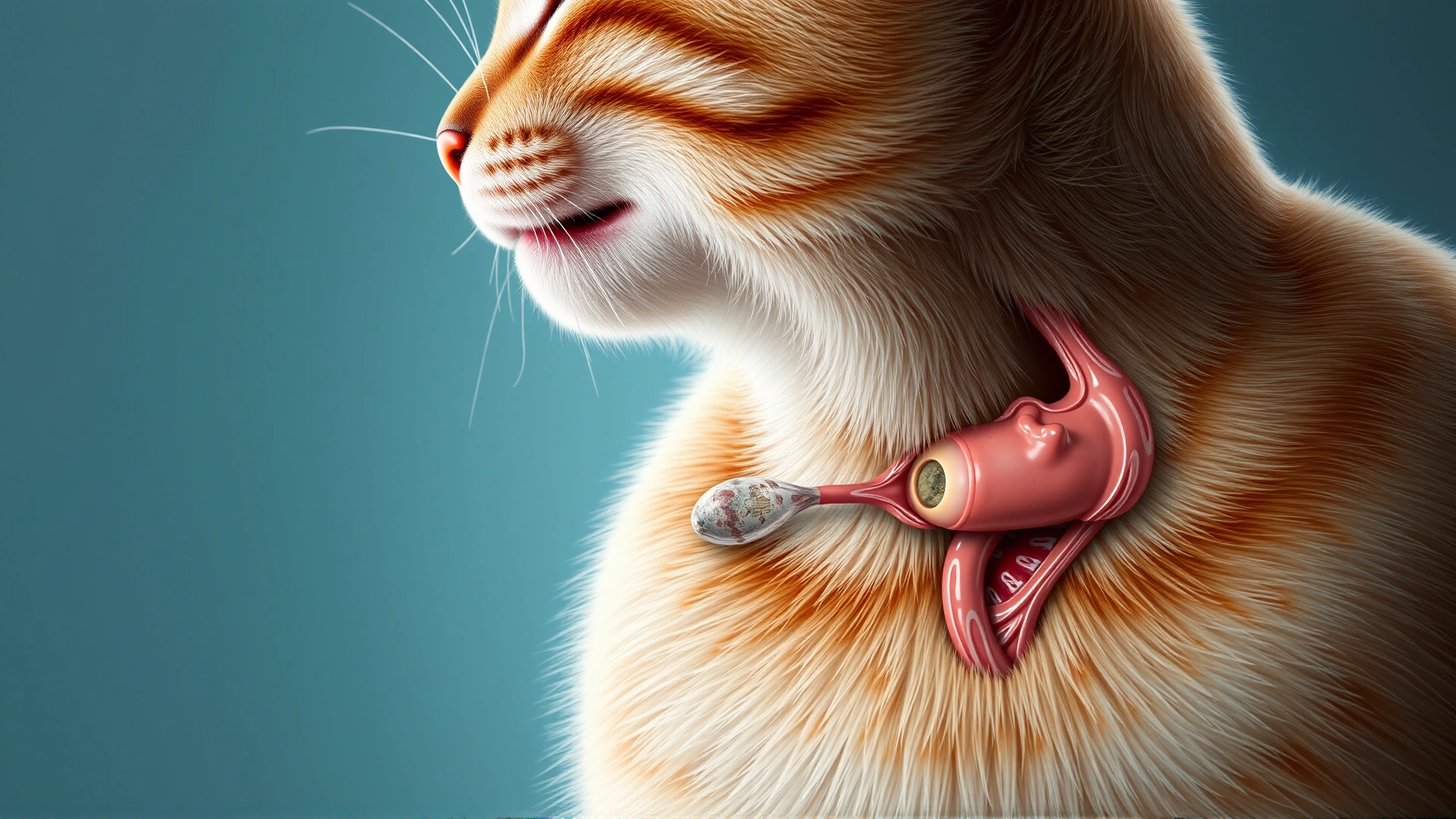 Text-free anatomical illustration showing a side view of a cat’s head, neck, and chest with the esophagus highlighted and a small foreign object lodged inside.