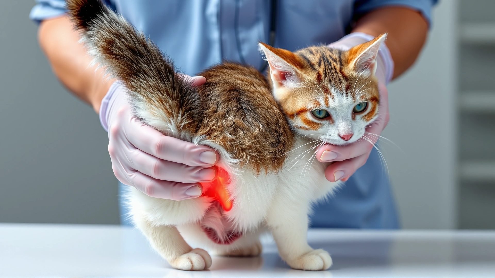 Medium shot of a veterinarian lifting a cat’s tail to inspect the anal area, demonstrating a clinical rectal exam without showing anything graphic.