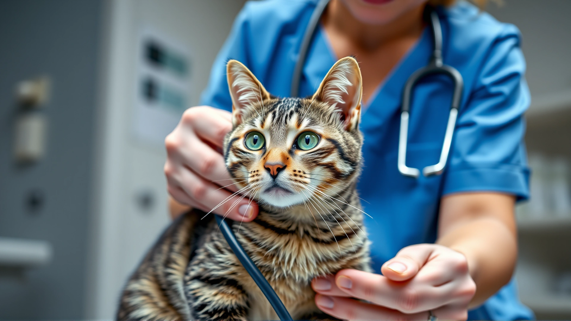 Wide shot of a veterinarian performing a physical examination on a grey tabby cat, stethoscope on the cat’s chest, clinic environment, no text