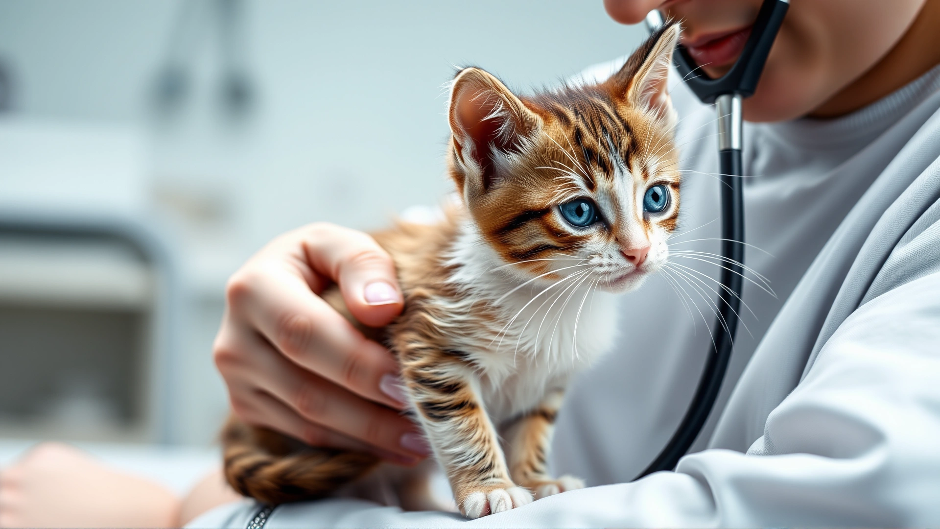 Close-up of a veterinarian listening to a kitten’s abdomen with a stethoscope in a clean clinic setting, soft lighting, no text