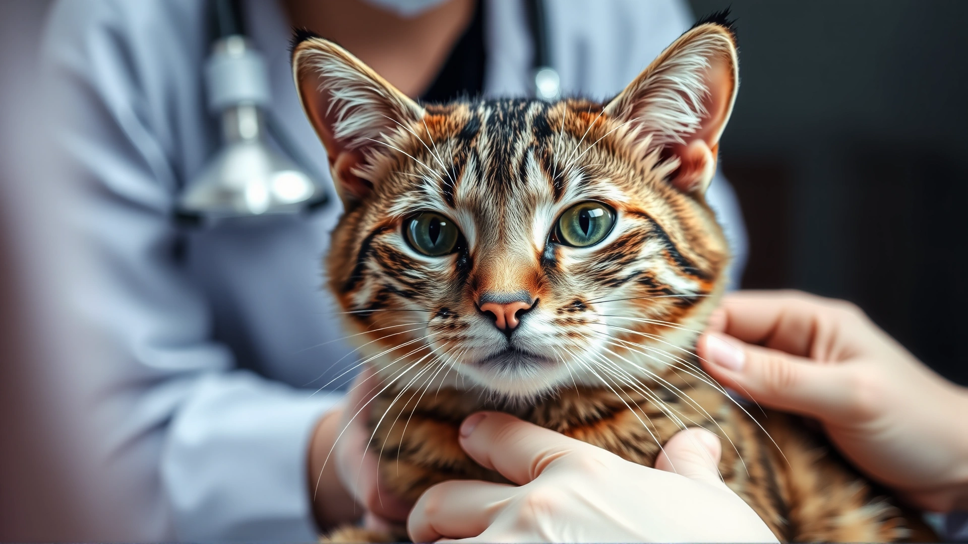 Domestic short-haired cat being gently examined by a veterinarian, focus on the front leg, clinical setting, no text